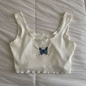 White Ribbed Crop Top with Blue Butterfly Embroidery